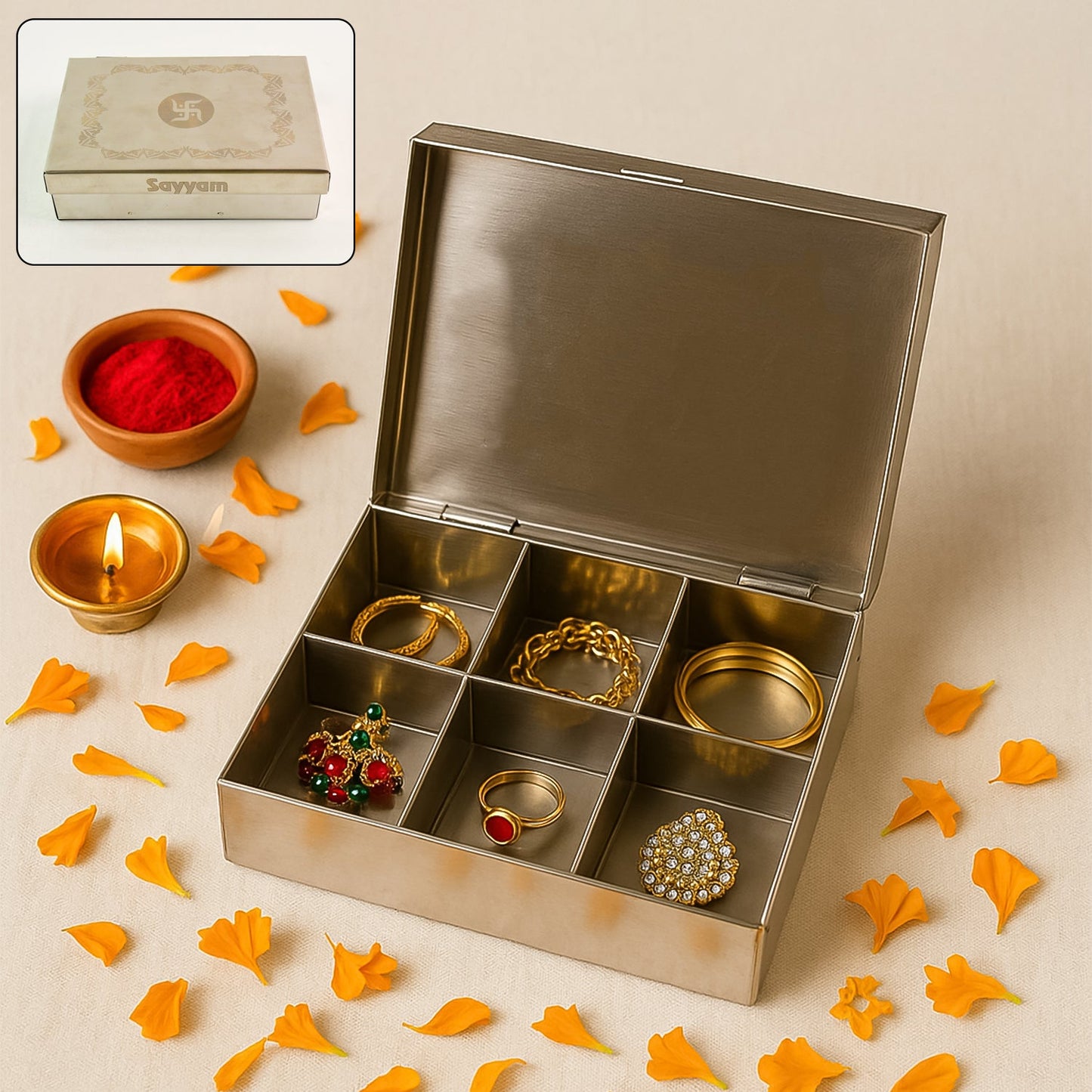 Multipurpose Stainless Steel Jewelry Storage Organizer Box 6 Compartments (1 Pc)