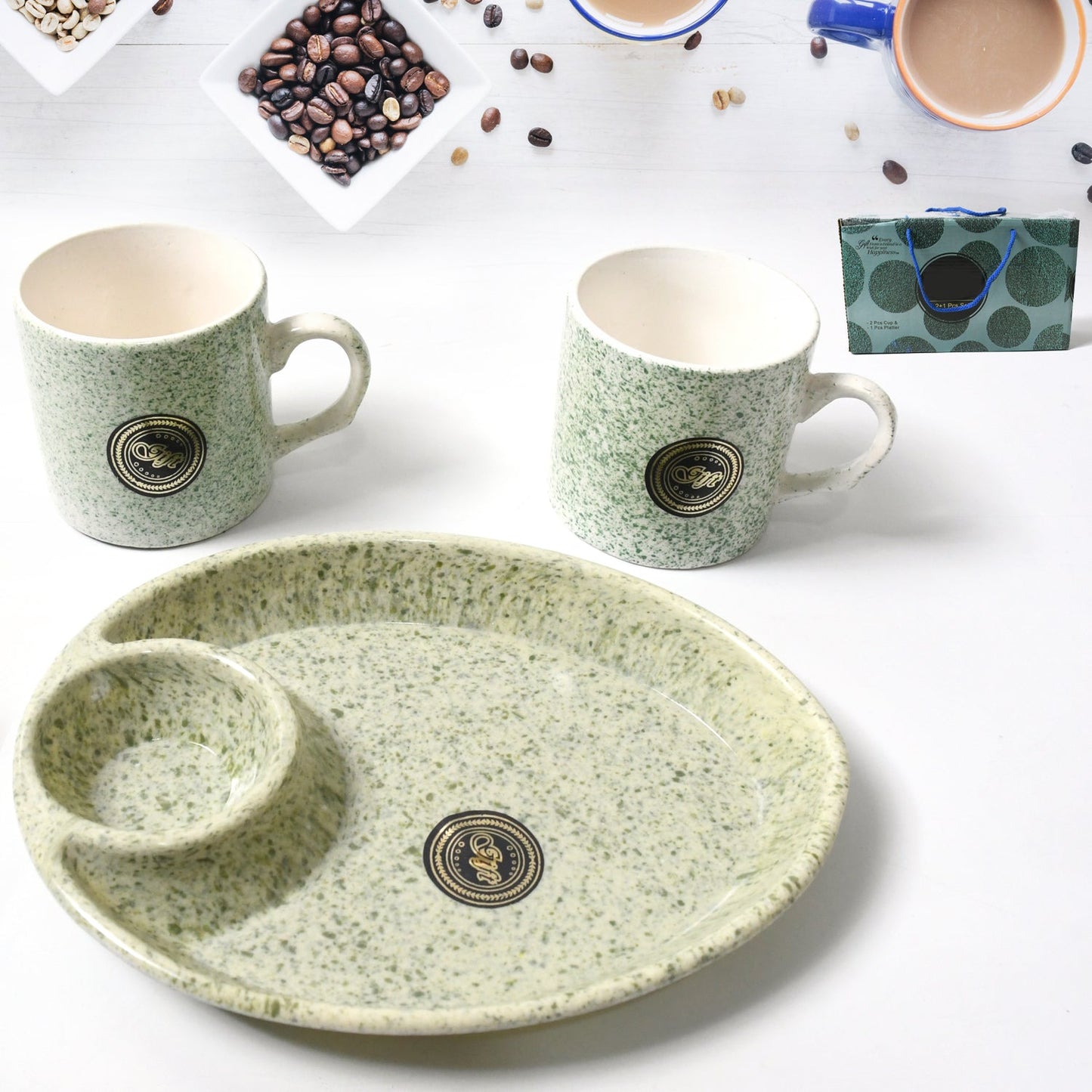 Ceramic Tea/Coffee Cup Set - Alpino 3-Piece 2-Compartment Serving Platter (BPA-Free)