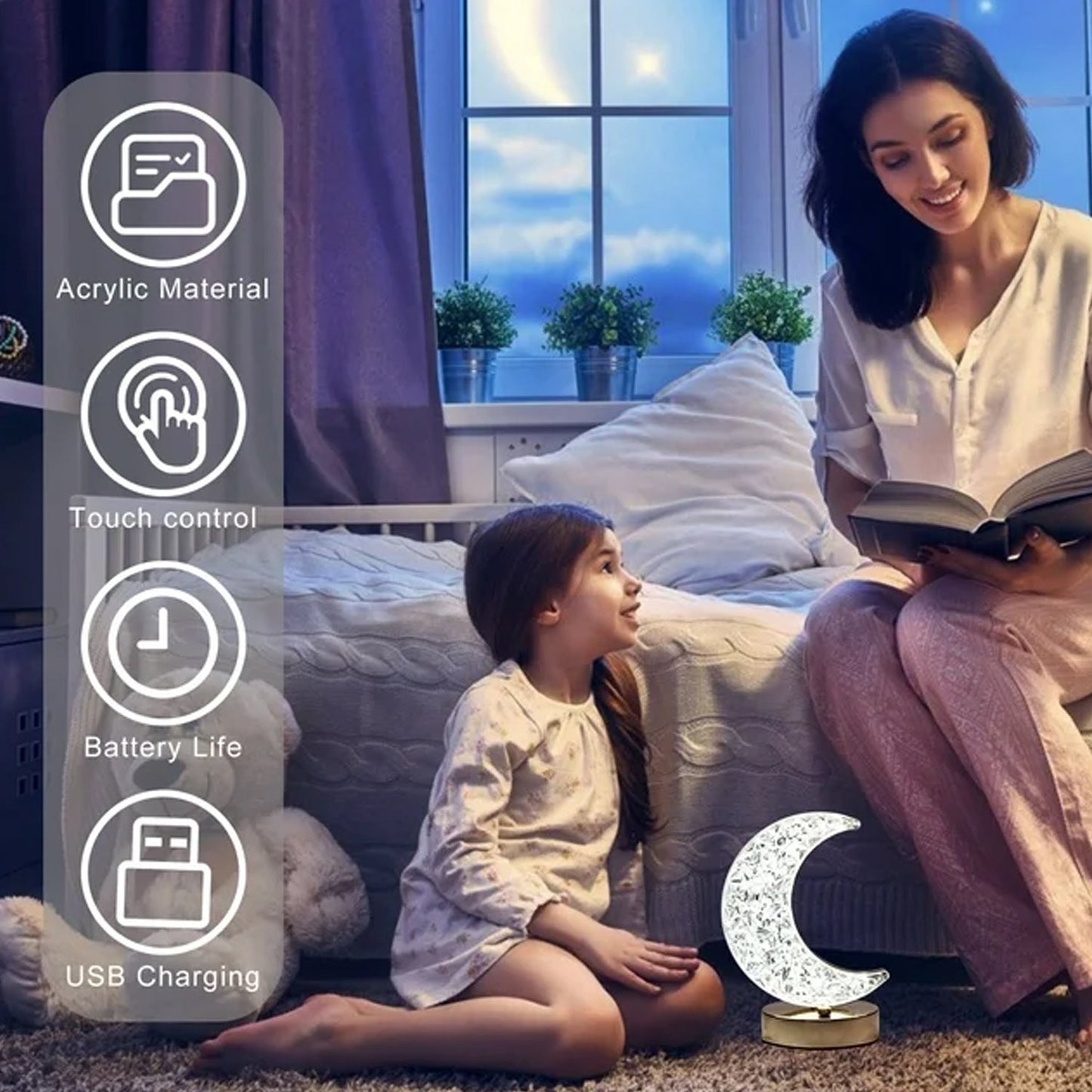 Moon Crystal Touch Table Lamp with 3 Color Dimmable USB Night Light