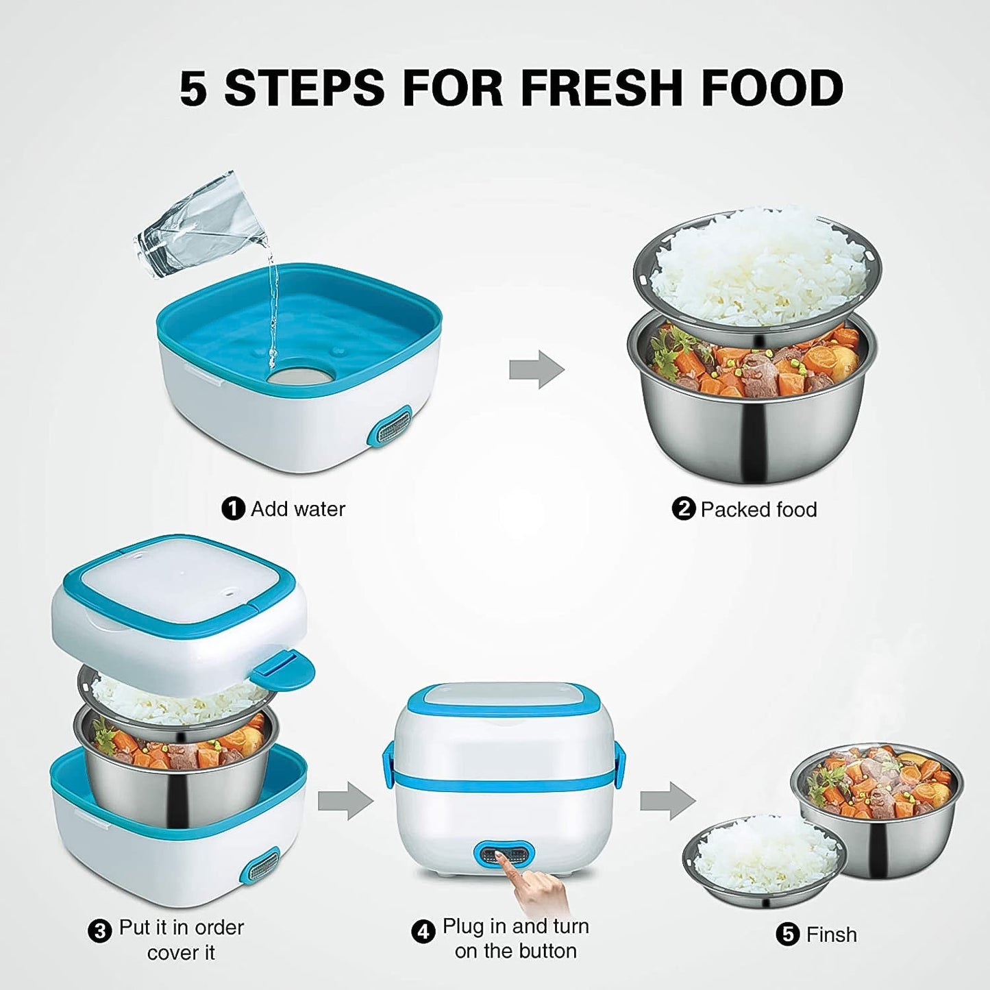 Electric Lunch Box, 3 In 1 Food Heater / Cooker / Steamer with Stainless (1 Set)