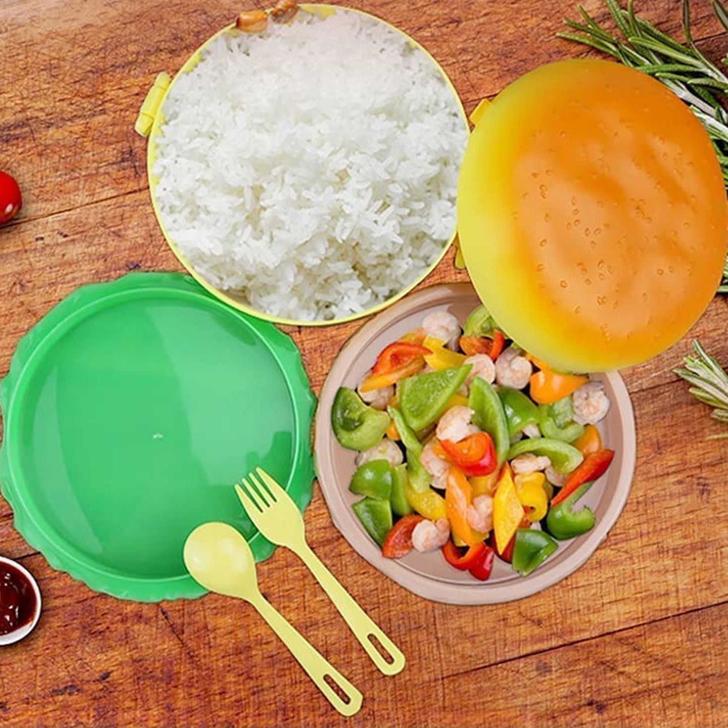 Burger Shape Lunch Box – Double Layer 1000ml Food Container with 2 Spoons for Kids