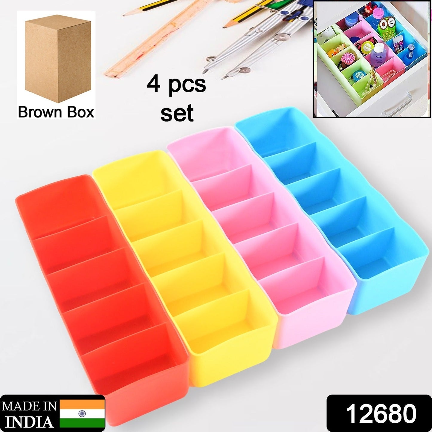 Desktop Storage Organizer Box Set - 5 Grid Compartments (4-Piece)