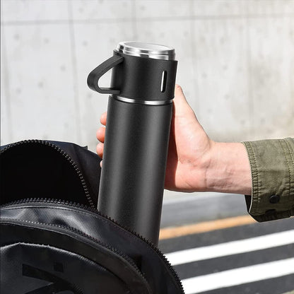 Stainless Steel Vacuum Flask Set with 3 Steel Cups Combo (500ml)