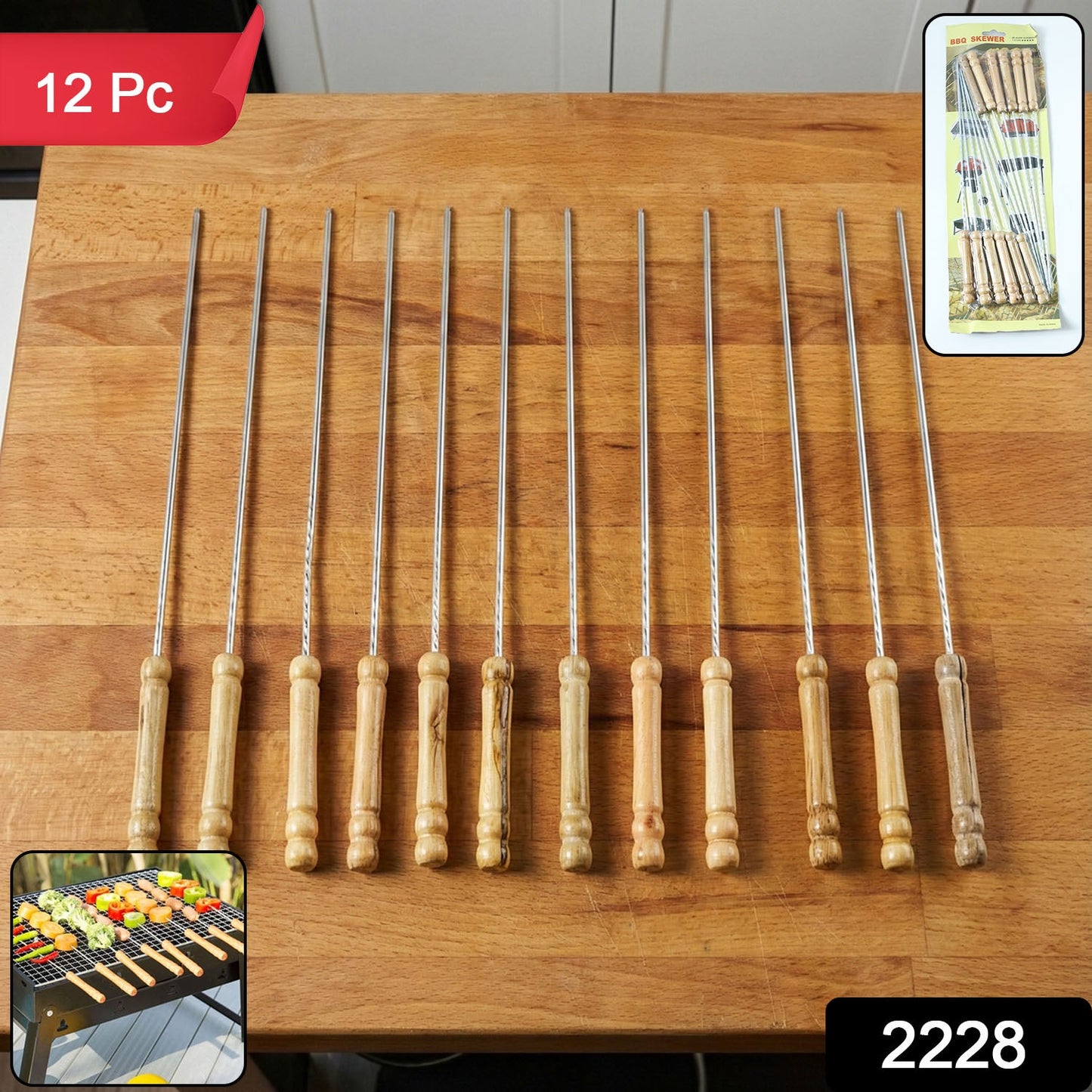 Barbecue Skewers for BBQ Tandoor and Gril with Wooden Handle - Pack of 12