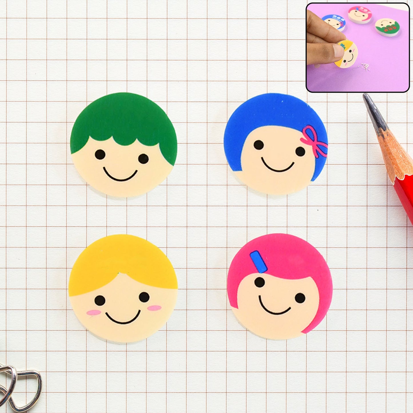 Cute Cartoon Face Erasers for School & Stationery Use (4 Pc)